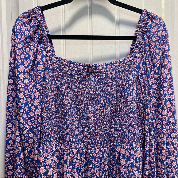 J. Crew Factory Viscose Blue Ditsy Floral Smocked Midi Dress. Size XL. - Picture 5 of 16